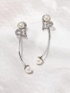 Voylla  Women Silver-Toned American Diamond CZ Pearl Drop Earrings