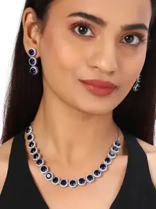 Voylla Navy Blue Silver-Plated American Diamond CZ Pearl Necklace Set with Stone