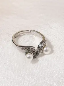 Voylla Women Silver-Plated & White American Diamond CZ Pearl Brass Ring