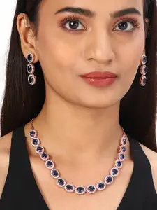 Voylla Blue American Diamond CZ Rose Gold Plated Pearl Brass Necklace Set