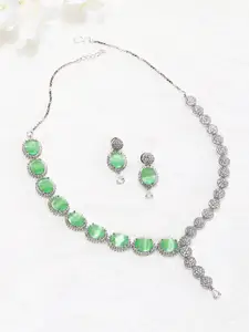 Voylla Silver-Plated & Green American Diamond CZ Pearl Brass Necklace Set