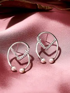 Voylla  Women Silver American Diamond CZ Gold Plated Pearl Drop Earrings