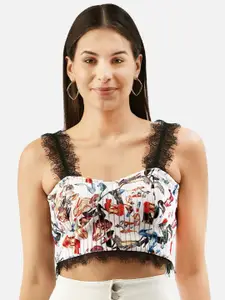 Martini Women Off White & Black Conversational Printed Lace Up Crop Top