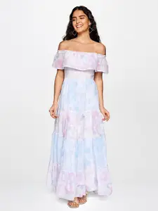 AND Women Pink, Blue Tie and Dye Off-Shoulder Tiered Maxi Dress