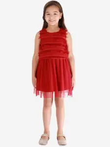 KidsDew Girls Maroon Fringed Net A-Line Dress