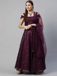 Readiprint Fashions Burgundy Embroidered Sequinned Unstitched Lehenga & Blouse With Dupatta