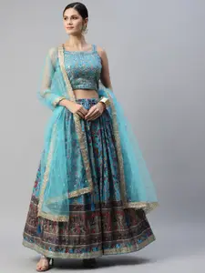 Readiprint Fashions Turquoise Blue & Golden Embroidered Sequinned Unstitched Lehenga Set