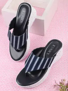 ICONICS women's Navy Blue Striped Wedge Sandals
