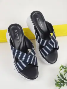 ICONICS Navy Blue & Black Striped Platform Sandals