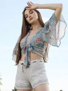 Sera Women Blue & Pink Printed Crop Shrug