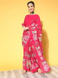 Mitera Floral Pure Georgette Saree with Embroidered border