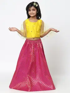 studio rasa Girls Pink & Yellow Embroidered Sequinned Ready to Wear Lehenga