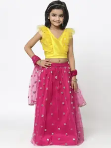 studio rasa Girls Pink & Yellow Embroidered Sequinned Ready to Wear Lehenga & Blouse With Dupatta