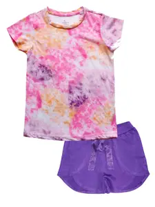 KiddoPanti Girls Violet & Pink Tie & Dye T-shirt & Over Lap Shorts With Bow