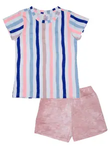 KiddoPanti Girls Multicoloured & Rose Striped T-shirt with Shorts
