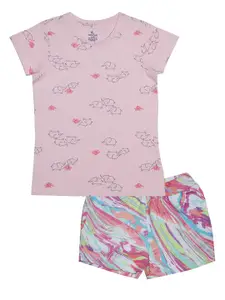 KiddoPanti Girls Pink & Multicoloured Printed T-shirt with Shorts