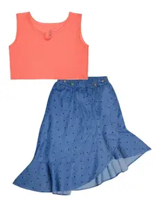 KiddoPanti Girls Orange & Blue Crop Top with Skirt