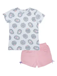 KiddoPanti Girls White & Pink Printed T-shirt with Shorts