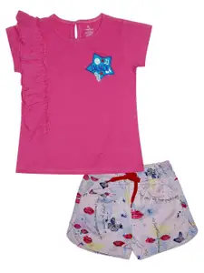 KiddoPanti Girls Pink & Peach-Coloured T-shirt with Shorts