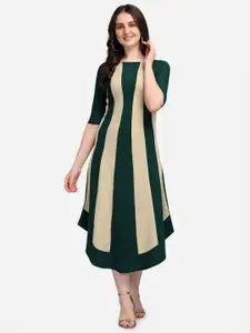 PURVAJA Olive Green Striped A-Line Midi Dress