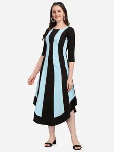 PURVAJA Blue & Black Striped A-Line Midi Dress