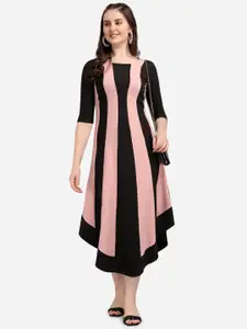 PURVAJA Women Peach-Coloured Colourblocked A-Line Midi Dress