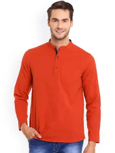even Men Orange Woven Straight Short Kurta