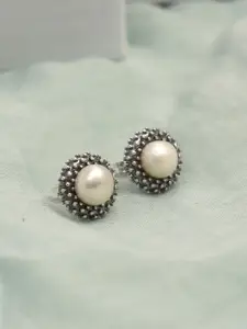 LeCalla women's Silver-Toned & White Circular Studs Earrings