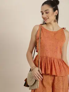 Sangria Women Mustard Yellow Ethnic Motifs Printed Pleated Pure Cotton Top with Palazzos