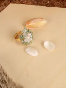 D'oro Women Sea Green & White Pearl Ring