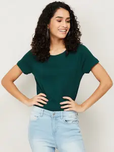 Fame Forever by Lifestyle Green Round Neck Short Sleeves Pure Cotton Top
