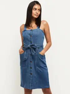 Max Blue Pinafore Sleeveless Dress with Mock Tie up Detail