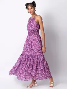 FabAlley Purple Floral Halter-Neck Georgette Maxi Midi Dress