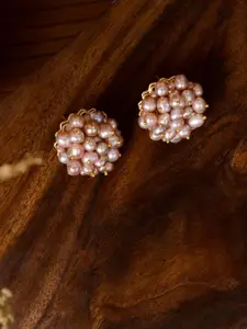 D'oro Peach-Coloured & Gold-Toned Contemporary Studs Earrings
