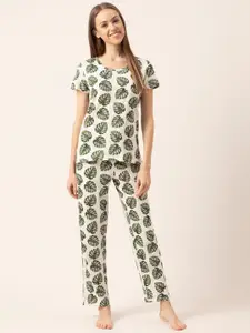 Lounge Dreams Women Off White & Grey Printed Cotton Night suit