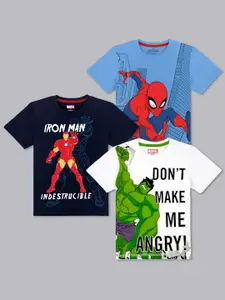 Kids Ville Boys Blue & White Pack of 3 Marvel Avengers Printed Pure cotton T-shirt