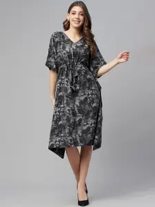 Cottinfab Women Black & Grey Printed Kaftan Midi Dress