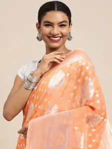 Leeza Store Peach-Coloured & Silver-Toned Woven Design Zari Organza Banarasi Saree