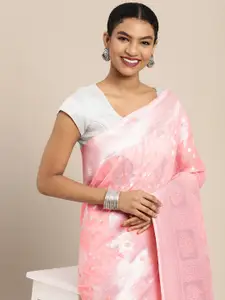Leeza Store Pink & Silver-Toned Woven Design Organza Banarasi Saree