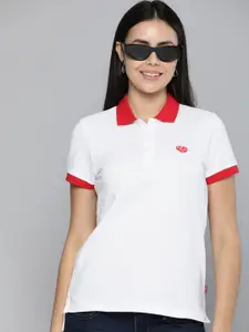 Levis Women White Pure Cotton Polo Collar T-shirt
