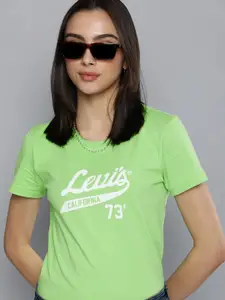 Levis Women Green & White Brand Logo Printed Pure Cotton T-shirt