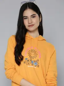 Levis Women Mustard Yellow Printed Hooded Sweatshirt