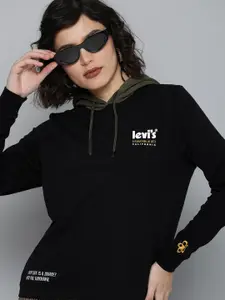 Levis Women Black Brand Logo Printed Hooded Sweatshirt