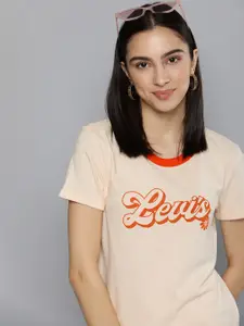 Levis Women Peach-Coloured Brand Logo Printed Pure Cotton Slim Fit T-shirt