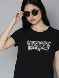 Levis Women Black & White Brand Logo Printed Pure Cotton Slim Fit T-shirt
