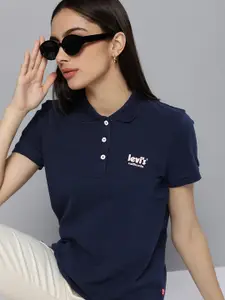 Levis Women Navy Blue Polo Collar Pure Cotton T-shirt