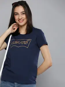 Levis Women Navy Blue Brand Logo Printed Pure Cotton T-shirt