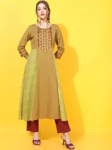 Vishudh Women Olive Green & Mustard Yellow Geometric Embroidered Kurta