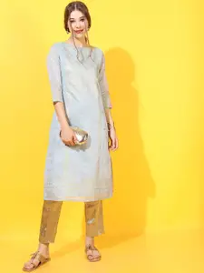 Vishudh Women Blue & Golden Ethnic Motifs Printed Kurta