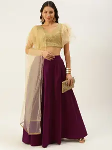 Ethnovog Beige  Purple Embroidered Made to Measure Lehenga  Blouse With Dupatta